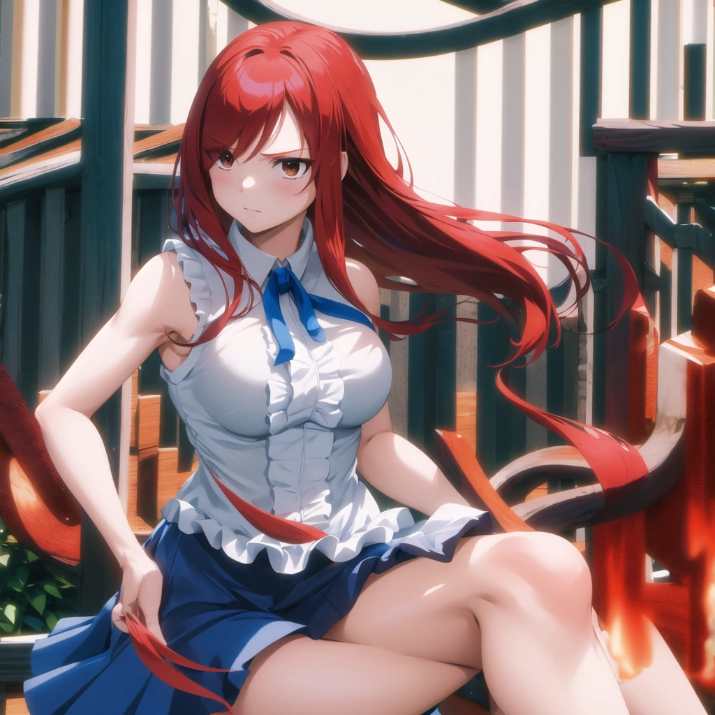 masterpiece, best quality, highres, fairy tail, 1girl, long hair, red hair, brown eyes, neck ribbon, bare shoulders, white shirt, sleeveless, center frills, blue skirt, hair over one eye, town, leaning forward, hand on own knee, standing