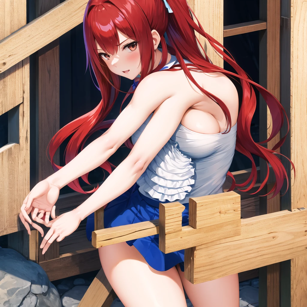 masterpiece, best quality, highres, fairy tail, 1girl, long hair, red hair, brown eyes, neck ribbon, bare shoulders, white shirt, sleeveless, center frills, blue skirt, hair over one eye, town, leaning forward, hand on own knee, standing