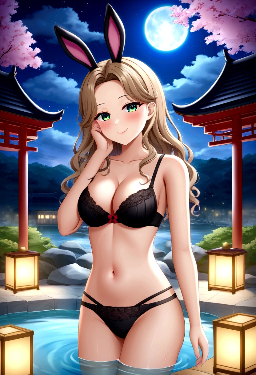 ((masterpiece)), ((best quality)), (ultra-detailed), ((extremely detailed)), 4K, (8K), best quality, (beautiful), a pretty woman, solo, (dark skin:0.8) ,beautiful light brown hair, beautiful green eyes, ((beautiful eyes)), triumphant look, smug look, self-satisfied look ,Masterpiece、White dress、Highest quality、Bunny ears、Tanned woman with big 、light brown hair color, forehead Long curlyWavy Hair、White shirt、Black Bra、Black panties、Hot spring inn、a bright moon shines over beautiful scenery of garden and river in night time, moon, architecture, tree, east asian architecture, full moon, scenery, night, cloud, sky、Lots of rabbits