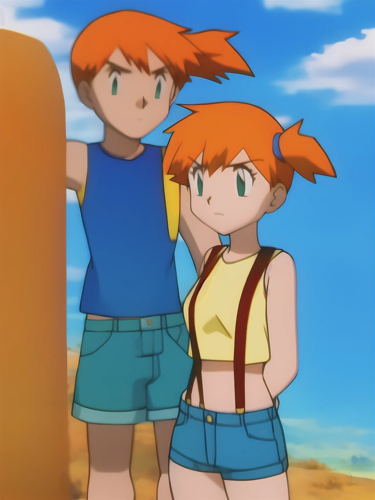 misty, 1girl, solo, long_hair, breasts, short_hair, bangs, navel, bare_shoulders, closed_mouth, green_eyes, standing, collarbone, cowboy_shot, small_breasts, sky, shorts, sleeveless, day, midriff, cloud, orange_hair, side_ponytail, blue_sky, crop_top, v-shaped_eyebrows, looking_to_the_side, bare_arms, short_shorts, eyelashes, sleeveless_shirt, frown, outdoor, looking_away, suspenders, tank_top, denim, blue_shorts, denim_shorts, hands_on_hips, yellow_shirt, hair_tie, looking_afar, suspender_shorts