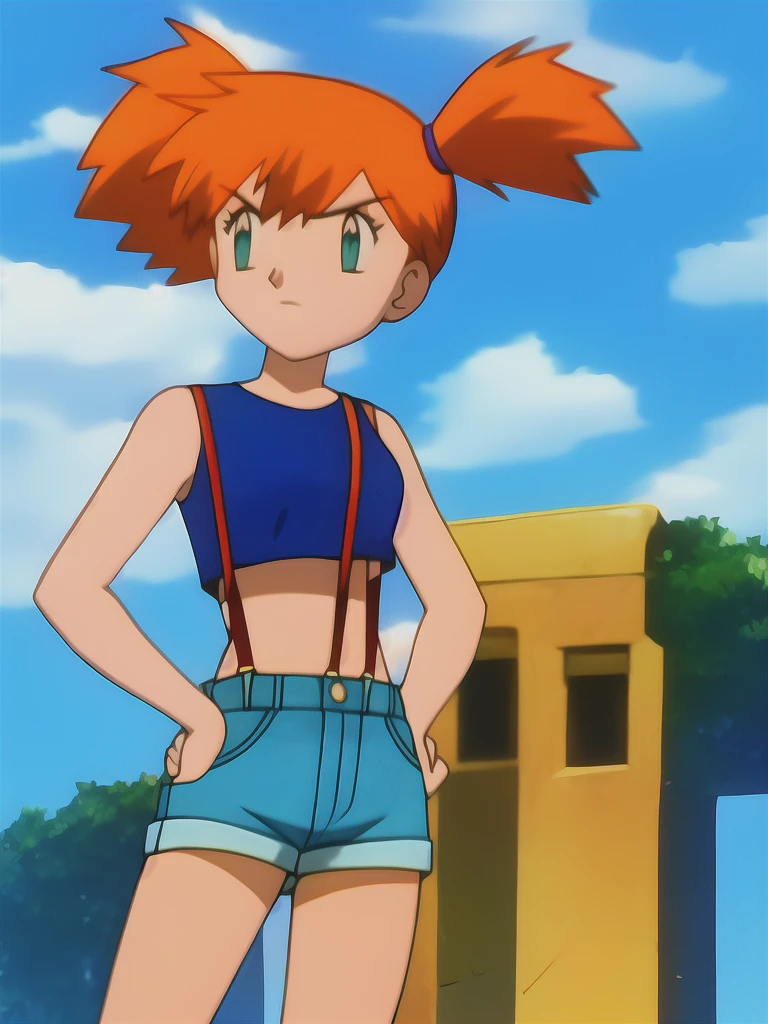 misty, 1girl, solo, long_hair, breasts, short_hair, bangs, navel, bare_shoulders, closed_mouth, green_eyes, standing, collarbone, cowboy_shot, small_breasts, sky, shorts, sleeveless, day, midriff, cloud, orange_hair, side_ponytail, blue_sky, crop_top, v-shaped_eyebrows, looking_to_the_side, bare_arms, short_shorts, eyelashes, sleeveless_shirt, frown, outdoor, looking_away, suspenders, tank_top, denim, blue_shorts, denim_shorts, hands_on_hips, yellow_shirt, hair_tie, looking_afar, suspender_shorts