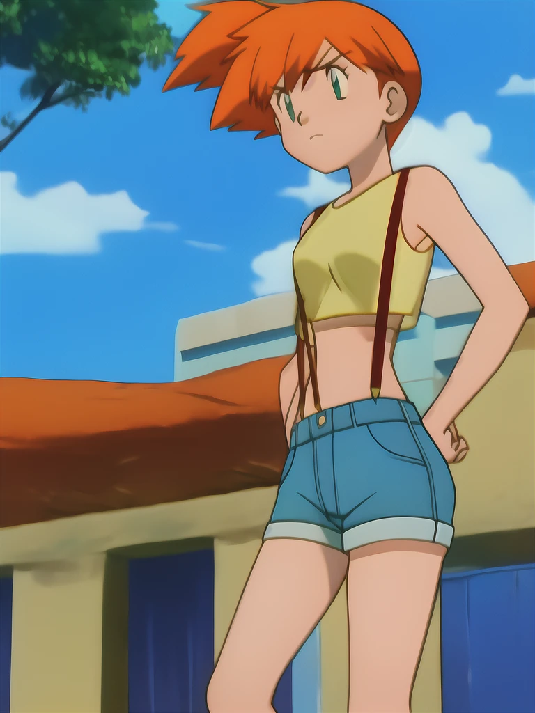 misty, 1girl, solo, long_hair, breasts, short_hair, bangs, navel, bare_shoulders, closed_mouth, green_eyes, standing, collarbone, cowboy_shot, small_breasts, sky, shorts, sleeveless, day, midriff, cloud, orange_hair, side_ponytail, blue_sky, crop_top, v-shaped_eyebrows, looking_to_the_side, bare_arms, short_shorts, eyelashes, sleeveless_shirt, frown, outdoor, looking_away, suspenders, tank_top, denim, blue_shorts, denim_shorts, hands_on_hips, yellow_shirt, hair_tie, looking_afar, suspender_shorts