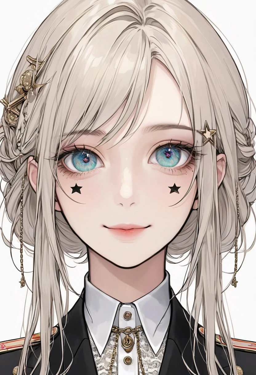 (Digital Illustration,Detailed anime style girl portrait,Solitary,symmetry),(Big colorful eyes,Fashionable and exquisite facial features,Exquisite makeup,Sweet smile,Star symbol mark on cheek,Soulful gaze,),(Straight long hair,Beautiful hairstyle,Hairpin),(White high collar lace shirt,Black suit,Epaulettes-Chain,cool,),Clean and simple white background,(((Correct human anatomy)))