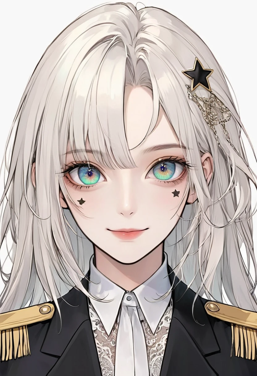 (Digital Illustration，Detailed anime style girl portrait，Solitary，symmetry)，(Big colorful eyes，Fashionable and exquisite facial features，Exquisite makeup，Sweet smile，Star symbol mark on cheek，Soulful gaze，)，(Straight long hair，Beautiful hairstyle，Hairpin)，(White high collar lace shirt，Black suit，Epaulettes-Chain，cool，)，Clean and simple white background，(((Correct human anatomy)))