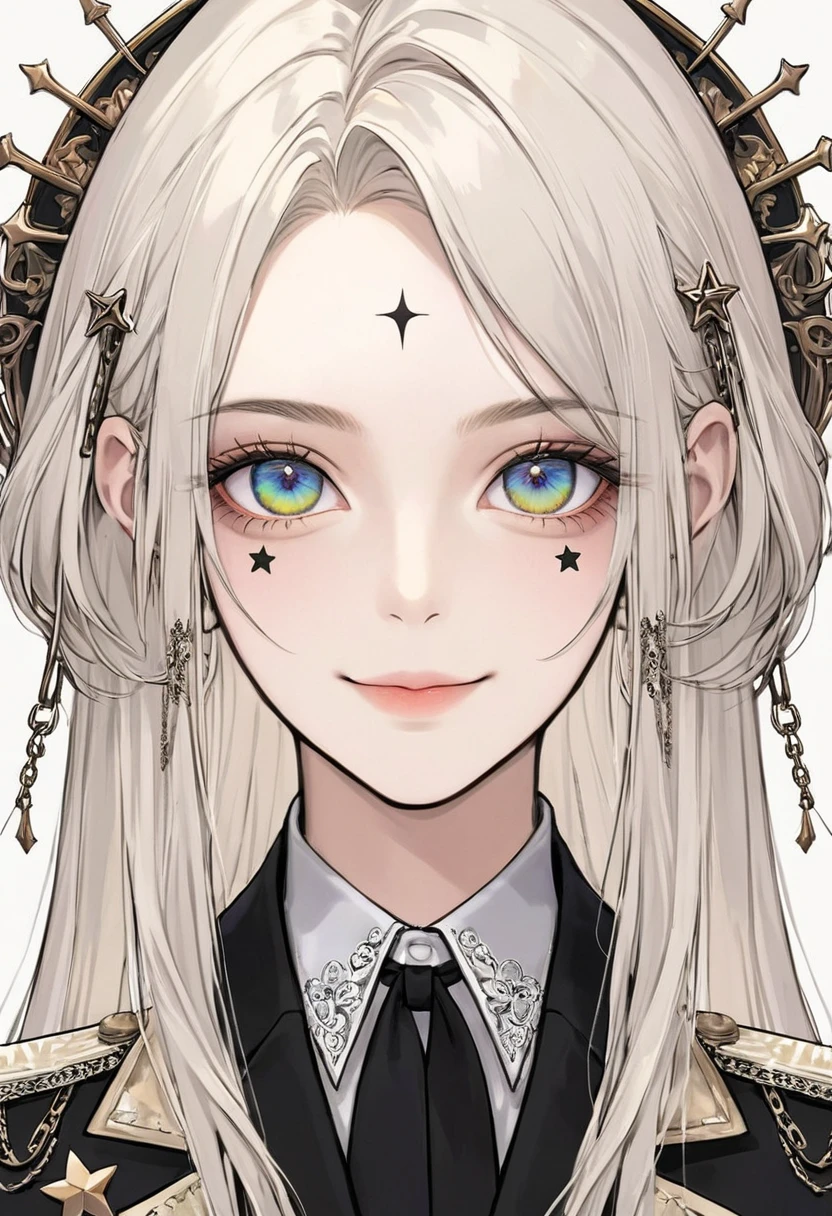 (Digital Illustration,Detailed anime style girl portrait,Solitary,symmetry),(Big colorful eyes,Fashionable and exquisite facial features,Exquisite makeup,Sweet smile,Star symbol mark on cheek,Soulful gaze,),(Straight long hair,Beautiful hairstyle,Hairpin),(White high collar lace shirt,Black suit,Epaulettes-Chain,cool,),Clean and simple white background,(((Correct human anatomy)))