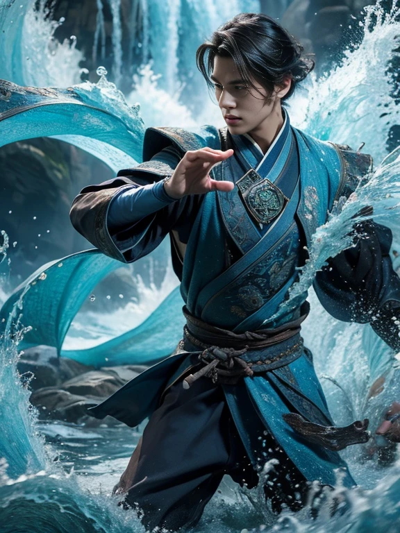 Best quality, masterpiece, super high resolution, hanfu, jade water book, black hair, water, waves, crashing waves, spells, fa gong, (absurd, high resolution, super detailed), Asian, 1 male, eighteen-year-old boy, handsome, tall muscular man, broad shoulders, very short hair, bottom cut, dark brown eyes, fine eyes and detailed face, extremely detailed CG Unity 8k wallpaper, intricate details, (Style Swirl Magic: 0.7), Looking at the Audience, Solo, (Full Body: 0.6), Detailed Background, Detailed Face, (European Medieval Fantasy Theme: 1.1), Hair Fluttering in the Wind, Martial Artist, Dynamic Pose, Fighting Stance, Clenched Fists, Fingerless Gauntlet, Wristband, Dragon-themed Costume, Robe, , Rotating Floating Particles, Dynamic Composition, Upper Body Nakeg Muscles, White Rubber Pants, ((((crotch bulge))))