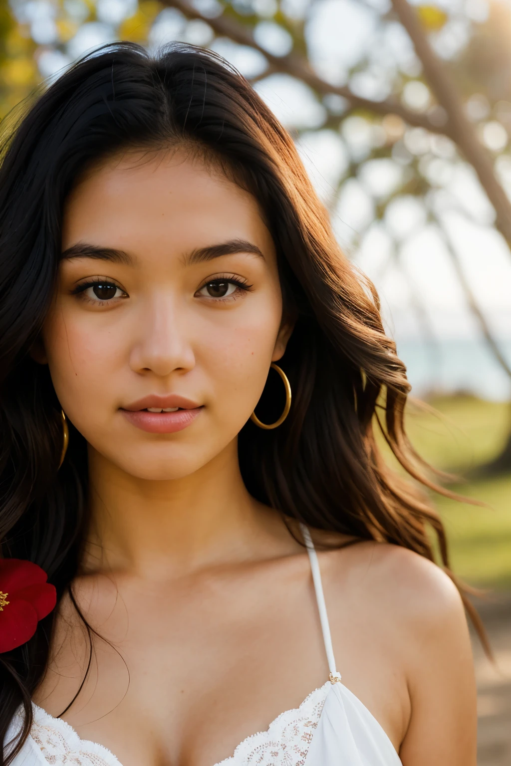 A photorealistic portrait taken in front of a 21-year-old Hawaiian girl with long, curly goergous dark hair with a red flower on and striking odd-eyed eyes dark . She should have a natural, approachable expression and be illuminated by soft, golden-hour sunlight. The background should be a scenic outdoor setting, perhaps a sunlit park or beach. Capture this image with a high-resolution photograph using an 85mm lens for a flattering perspective. and she is wearing a transparent cleavage so we can barely see trough her nipples