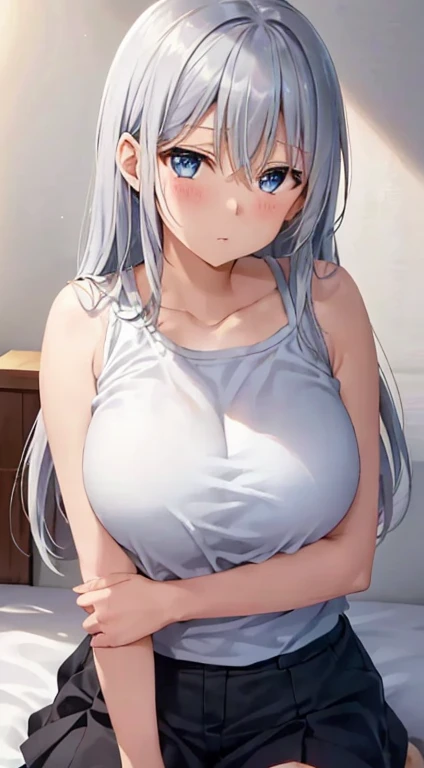 Yukino, on the bed, Silver hair and blue eyes., White shirt, very good., Cute girl anime visual, Anime screenshots, & Her expression is serious.., In anime movies, In anime, Anime girl pictures, She has a cute expression, Anime Stills, Large target , 红红s face颊, s face, Fair skin(((Full and soft breasts,)))(((Large Breasts))) (((Cleavage))),