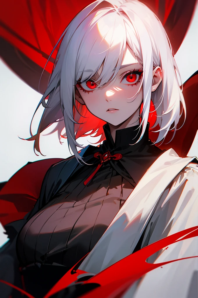 Big breats short white hair red eyes samurai girl without masc using a katana.dark red dragon horns. Black samurai suit