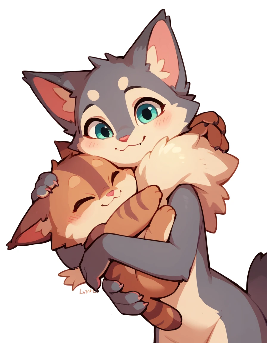 The Q version of the cute furry wolf hugging a furry cat, romantic, cute, love, white background