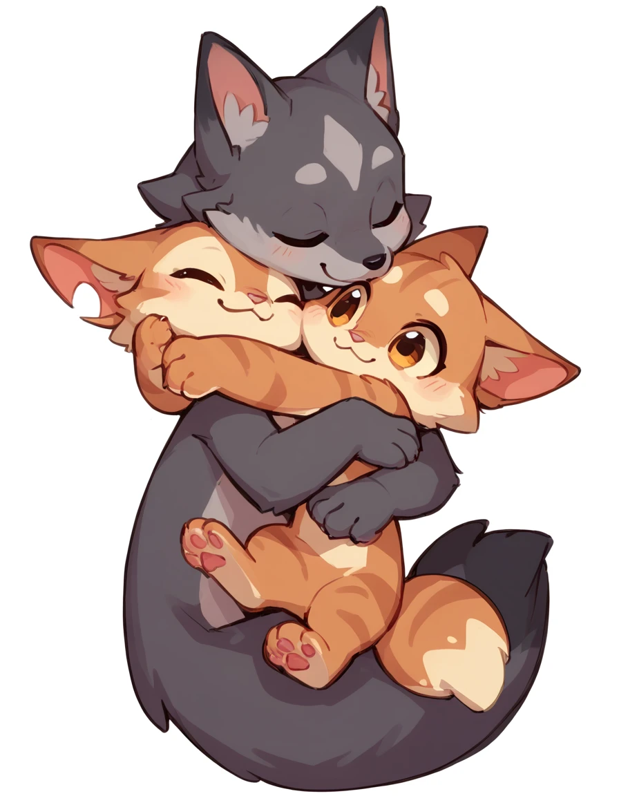 The Q version of the cute furry wolf hugging a furry cat, romantic, cute, love, white background 
