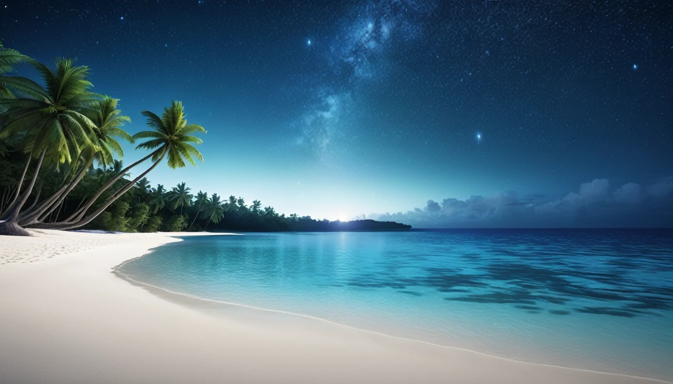 A beach with clear, bright blue water, soft white sand, beautiful coconut trees, and a clear night sky filled with stars. Ultra realistic, ultra clear, ultra natural, ultra hd, ultra detailed.