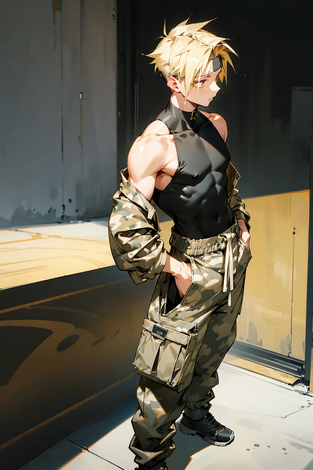 1male, blonde hair, black design headband, expressionless, undercut hair, golden eyes, baggy black tanktop, baggy white camouflage pants, city background, detailed background, hands to side, standing on path
