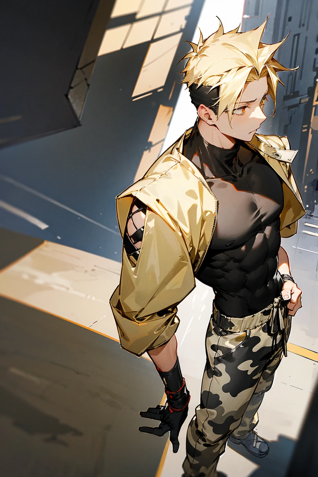 1male, blonde hair, black design headband, expressionless, undercut hair, golden eyes, baggy black tanktop, baggy white camouflage pants, city background, detailed background, hands to side, standing on path