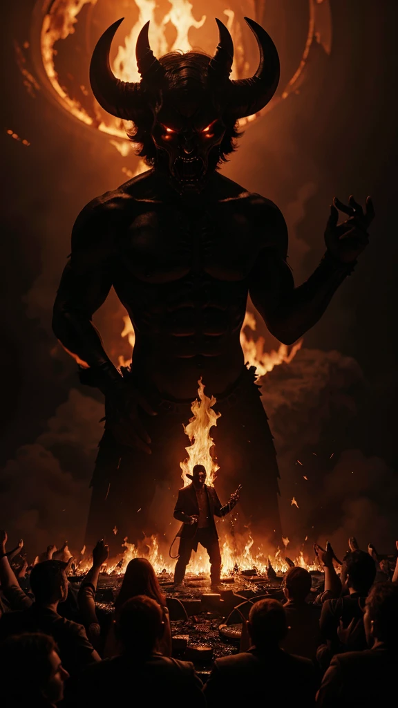 The devil speaking to people and they all Surrounded by hell and great fire: "And the devil said when the matter was decided"