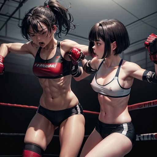 Intense violence. The opponent's fists are digging into your body. They are glaring at each other. The opponent's face is contorted by his punch. Dynamic action. She is suffering. She is cornered in a wire net and severely beaten by her opponent. She is wearing a sports bra and high-leg panties. Her opponent tries to kill her with a powerful punch. The two are exhausted. Two young and beautiful Japanese mixed martial artists are fighting in the octagon. They are pounding their fists into their opponents' bodies. They are covered in blood. They are open-mouthed, drooling, one eye closed, gasping for breath. They are sweating profusely. Short-cut black hair. Open-fingered gloves. Erect nipples. Small breasts.