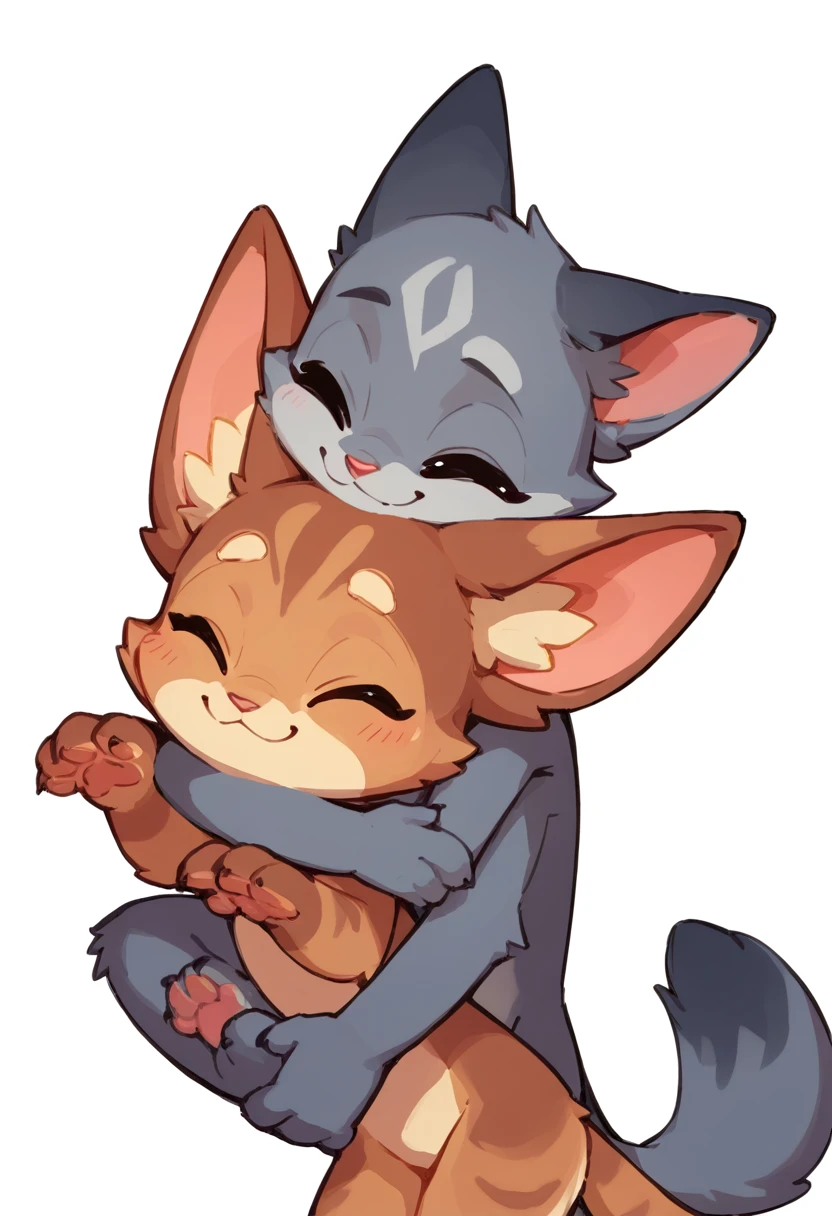 The Q version of the cute furry wolf hugging a furry cat, romantic, cute, love, white background 