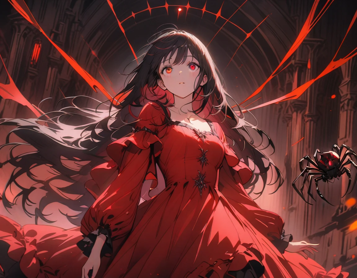 best quality, super fine, 8k, incredibly absurdres, extremely detailed, vivid color, black hair, glowing red eyes, in the darkness, looking up, intense, web, spider, arachne, detailed background, fantasy setting, dark castle background, long hair, flowy, wind, gloomy, dress, frills, dark magic,