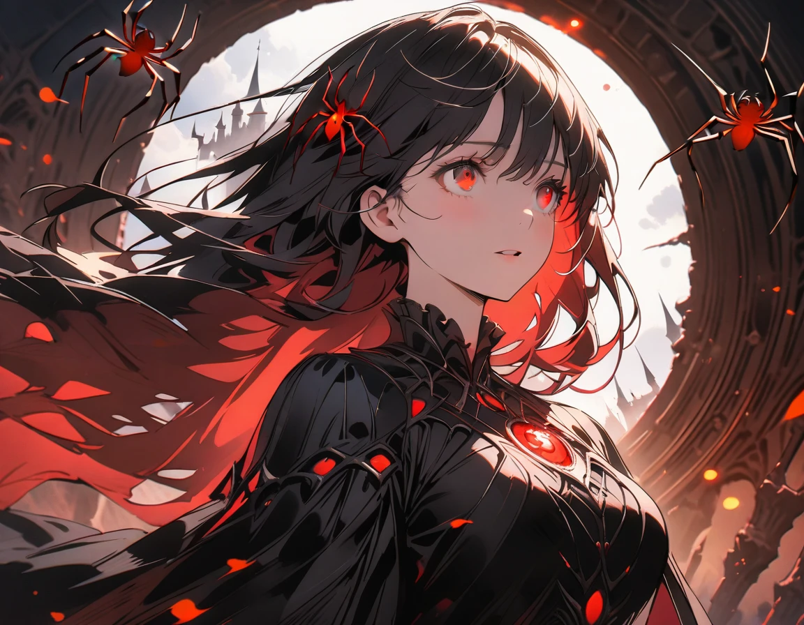 best quality, super fine, 8k, incredibly absurdres, extremely detailed, vivid color, black hair, glowing red eyes, in the darkness, looking up, intense, web, spider, arachne, detailed background, fantasy setting, dark castle background, long hair, flowy, wind, gloomy, dress, frills, dark magic,