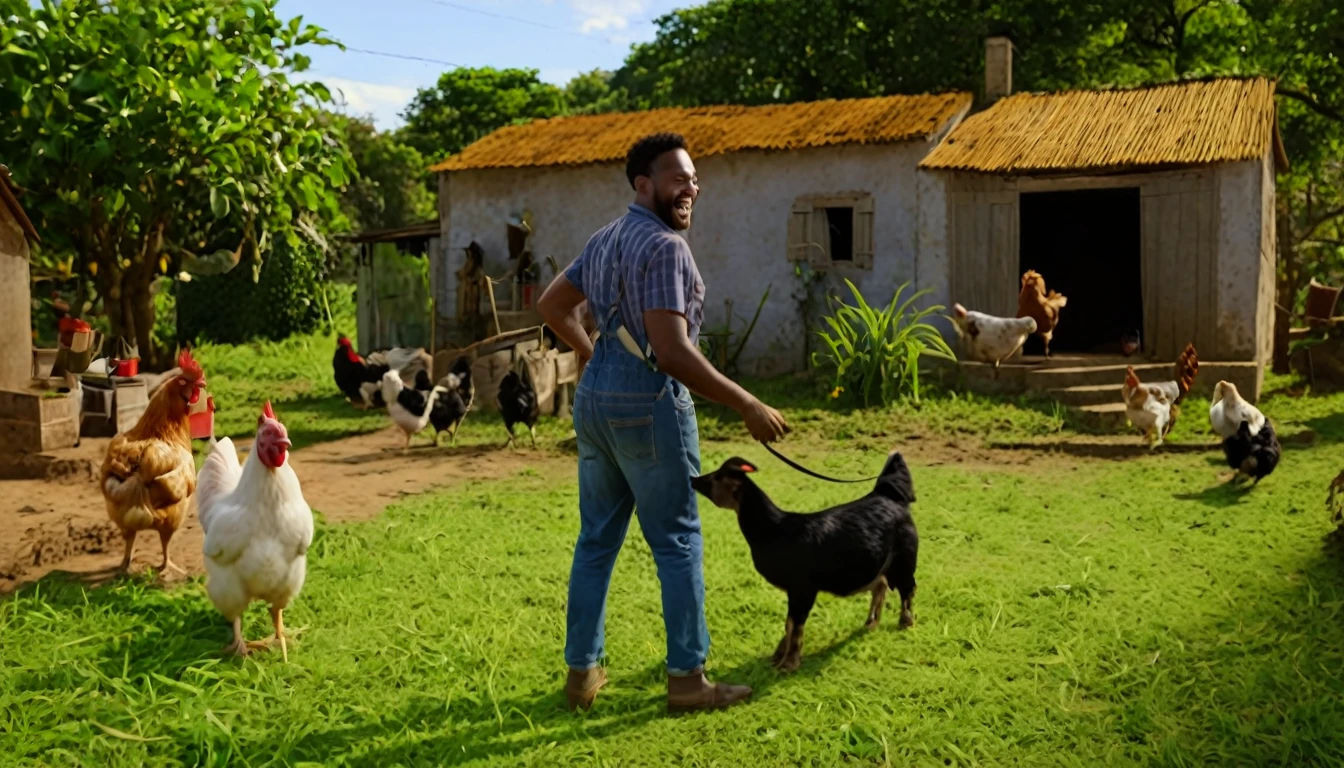 create an image for a video cover, like an advertisement for a film in the cinema, rural house, black man in front, backyard with dog, chickens, pigs, donkey, the title must be inserted: Hilary Adventures of Zeca do Boi, Guaranteed Laughter in the Country