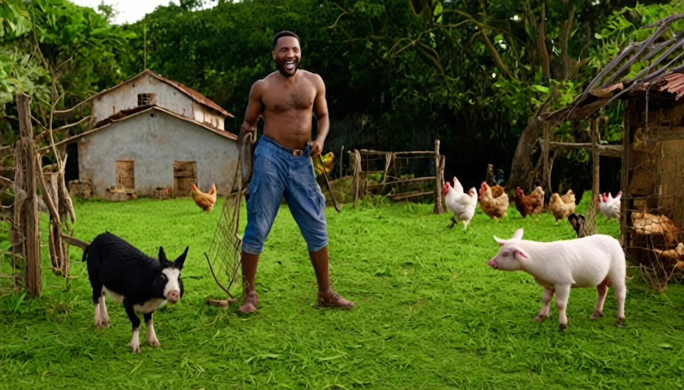 create an image for a video cover, like an advertisement for a film in the cinema, rural house, black man in front, backyard with dog, chickens, pigs, donkey, the title must be inserted: Hilary Adventures of Zeca do Boi, Guaranteed Laughter in the Country