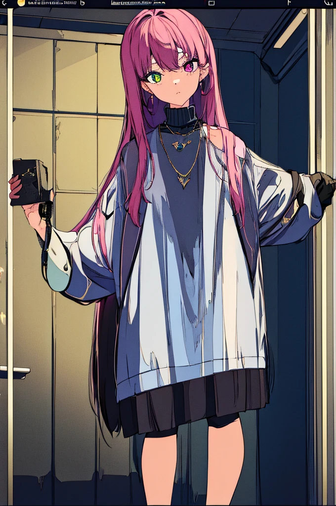 ((Work of art)), 4k, 1 woman, alone, long pink hair, navy blue eye color, eyes with details of numbers 0101010, dark skin color, black skirt with white stripes, wearing black thin socks, black ankle boots, pink long-sleeved sweater, with a necklace with the discord symbol, looking at the screen, camera nearby, arms raised, she is connected to several wires, dark room scenario, some PC tiles in the background, futuristic scenario, album cover of idol , dynamic pose, dynamic camera.