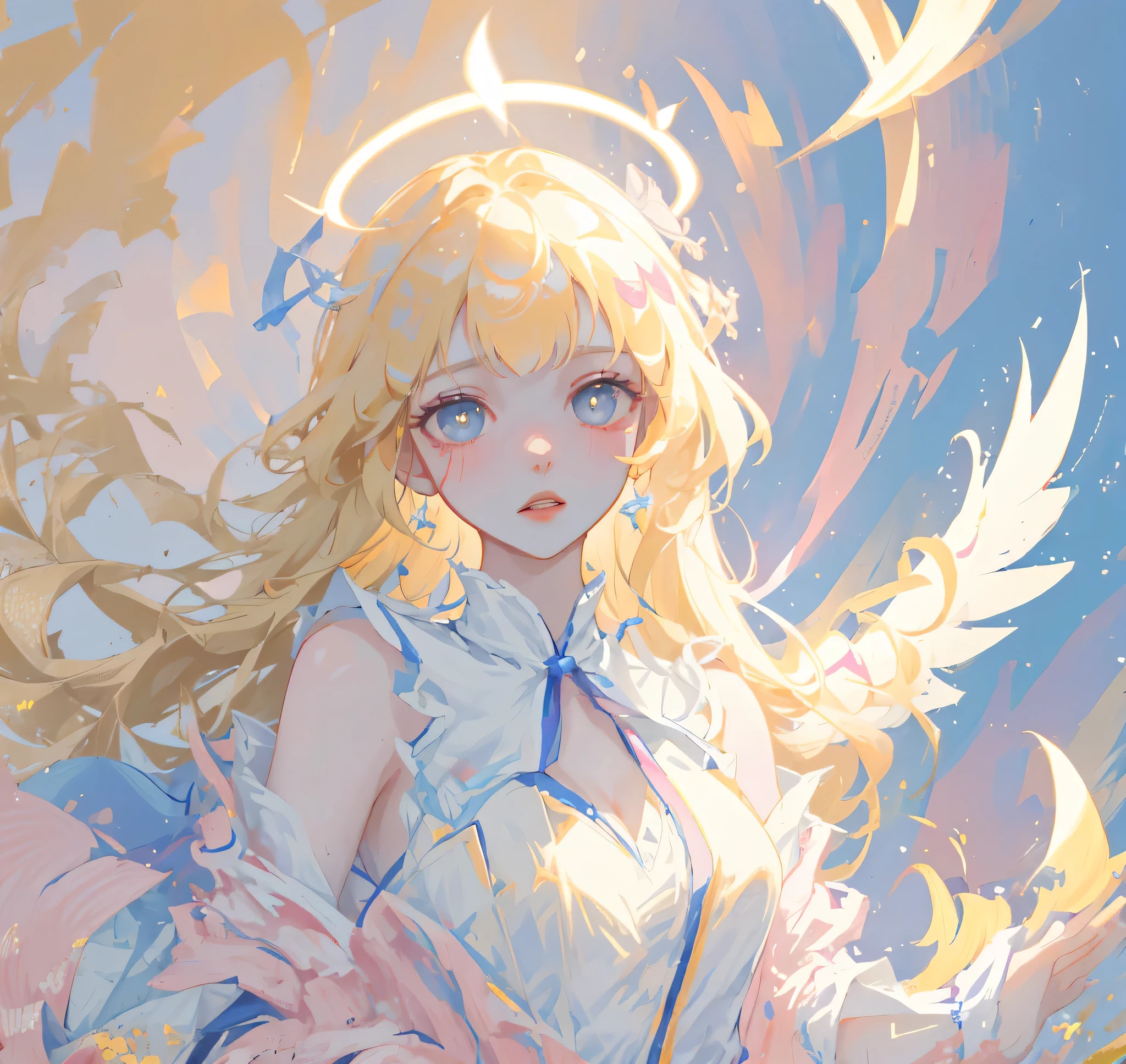 (High quality) (best quality) (A woman) (correct physiognomy) woman, long blonde hair with bangs on her forehead, four small angel wings emerge from her head, two on the left side and two on the right side, two wings of angel emerging from her back, a golden halo behind her head, golden eyes, sensitive lips, feminine appearance, soft facial features, thin eyebrows, soft skin, slightly blushed cheeks, pink lips, silky eyelashes, dreamy expression, middle age , white dress with straps on the shoulders, skirt cut diagonally leaving one leg exposed, location of the photo the woman must be in the middle of the forest, photo illuminated by sunlight, full body proportion, showing in the photo the body from head to torso