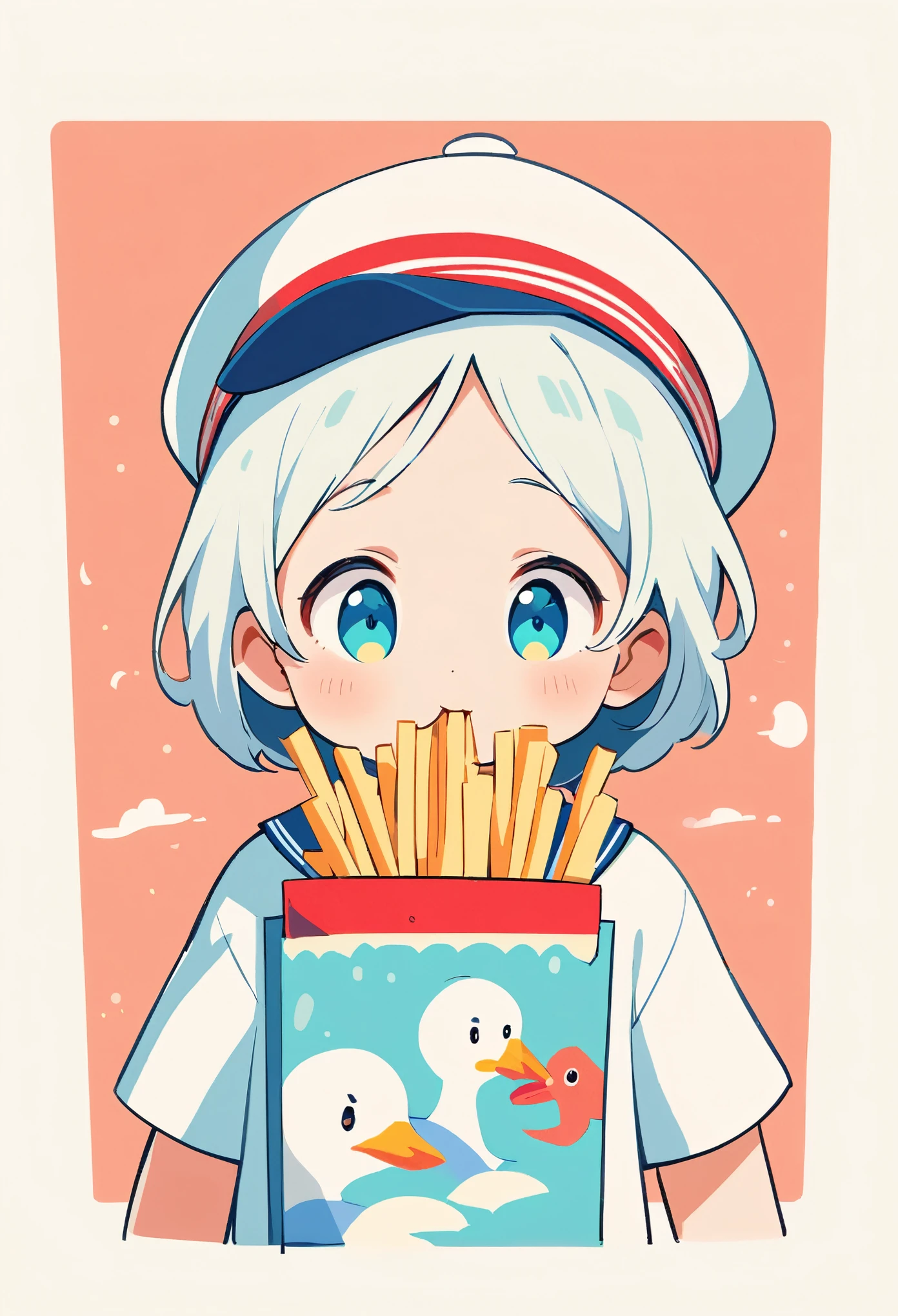 cute illustration,sailor style seagull,The seagull is holding french fries in its mouth,This design is used for Scandinavian goods, T-shirts, etc.,(Influenced by Lisa Laurent),Illustrations drawn by picture book authors,(minimalist),(simple and cute),white background,seagull,sailor's hat,french fries,anatomically correct,best composition,Eye-friendly color balance,nordic style,This is an illustration popular with women and children.,cute,fancy,Please draw carefully,kind,perfect anatomy