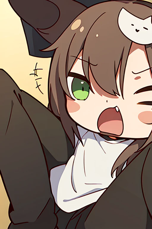 (masterpiece, high quality, lifelike, Ultra Detailed, Remarkably high quality, Anime chibi style:1.5) 1 boy, 18 years old, Name Kazuma Satou from KonoSuba: God's Blessing on This Wonderful World!, Kazuma Satou is dressed in a green and black tracksuit and later on adorns a green cape with a golden stripe around the edges, a gray shirt with a white tunic, gray pants, dark brown boots with his natural attributes adorning brown hair and green eyes. Kazuma is screaming "GYAAAHHHHHH!!!" from a nightmare, Funny, sarcastic, Anime style.