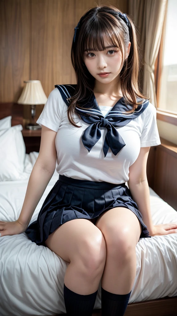 masterpiece, best quality, illustration, Super detailed, fine details, High resolution, 8K,wall paper, perfect dynamic composition,(Details High quality, realistic depiction of eyes:1.3), short hair, Black Sailor Uniform, serafuku, Navy pleated skirt, huge breasts, black hair color, Big Natural Color Lip, bold sexy pose, crying a little、 Harajuku style、20 year old girl、cute type、ta、beautiful legs, hotel room, full body photo、focus on crotch, hposing Gravure Idol