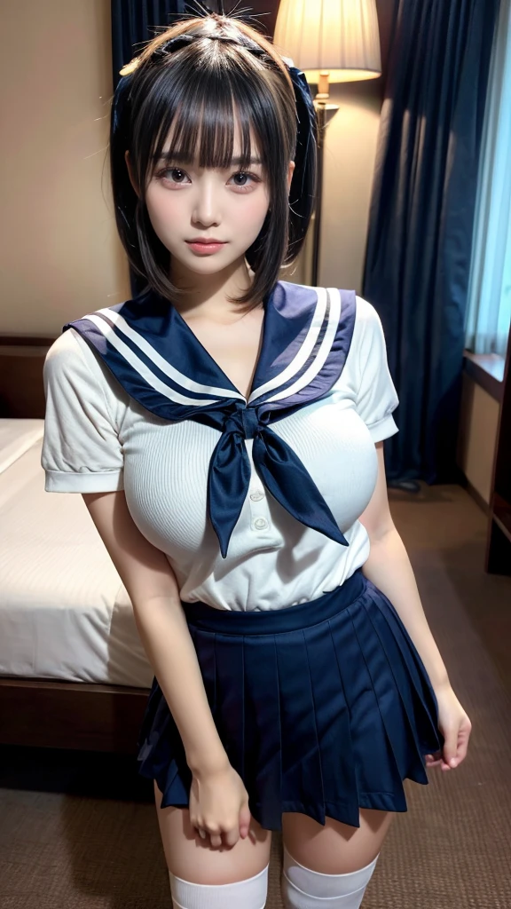 masterpiece, best quality, illustration, Super detailed, fine details, High resolution, 8K,wall paper, perfect dynamic composition,(Details High quality, realistic depiction of eyes:1.3), short hair, Black Sailor Uniform, serafuku, Navy pleated skirt, huge breasts, black hair color, Big Natural Color Lip, bold sexy pose, crying a little、 Harajuku style、20 year old girl、cute type、ta、beautiful legs, hotel room, full body photo、focus on crotch, hposing Gravure Idol