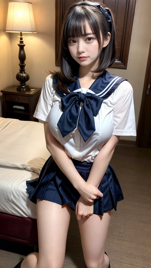 masterpiece, best quality, illustration, Super detailed, fine details, High resolution, 8K,wall paper, perfect dynamic composition,(Details High quality, realistic depiction of eyes:1.3), short hair, Black Sailor Uniform, serafuku, Navy pleated skirt, huge breasts, black hair color, Big Natural Color Lip, bold sexy pose, crying a little、 Harajuku style、20 year old girl、cute type、lolita、beautiful legs, hotel room, full body photo、focus on crotch, hposing Gravure Idol