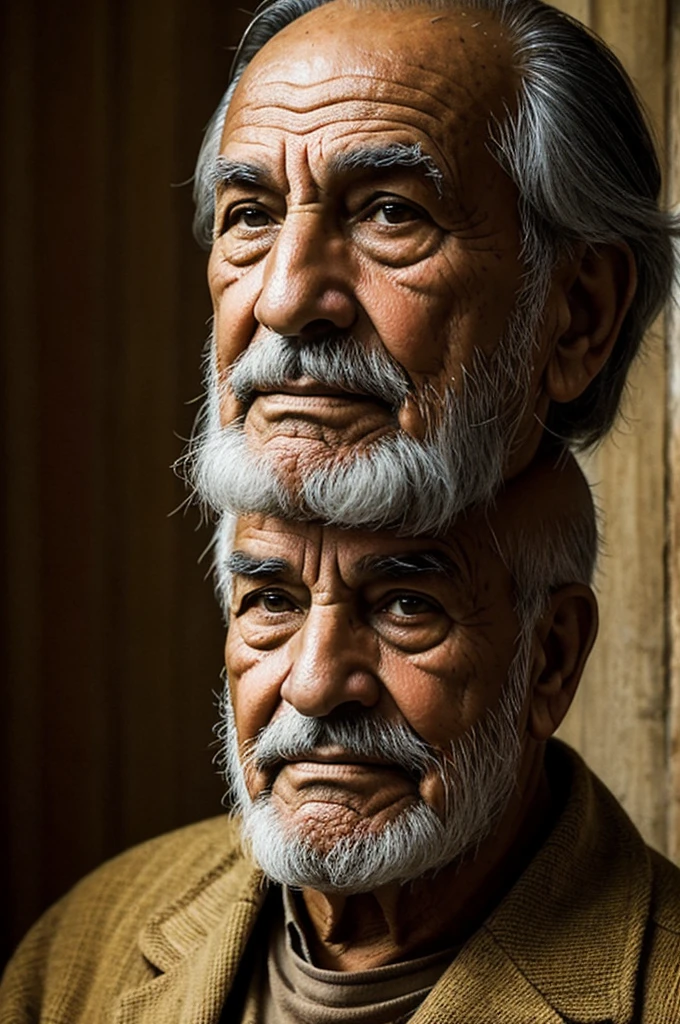 Hombre animado viejo que mirar su cuadro cuando estaba joven