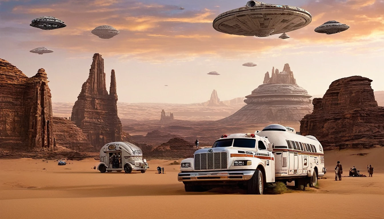“In a desert landscape beneath a vast sky, towering rock formations rise. The iconic Star Wars Millennium Falcon flies overhead. In the foreground, a large, futuristic bus-like vehicle is parked on the sandy terrain. Saturn-like rings adorn the sky, adding a surreal touch. Include the ‘Star Wars’