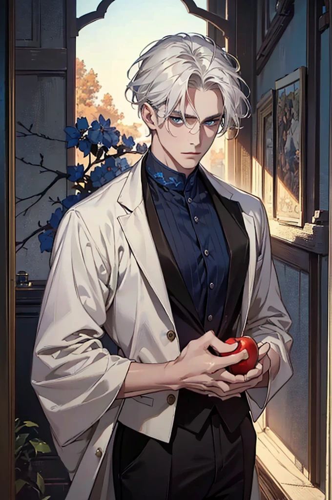 ((masterpiece:1.2, Best quality)), 4k, adult, European face, 1 person, male, mature, masculine, Beautiful, very tall, Muscles, broad shoulders, dark casual wear, White skin, medium white hair, Blue eyes, portrait, sunset, old house with apple trees. 
