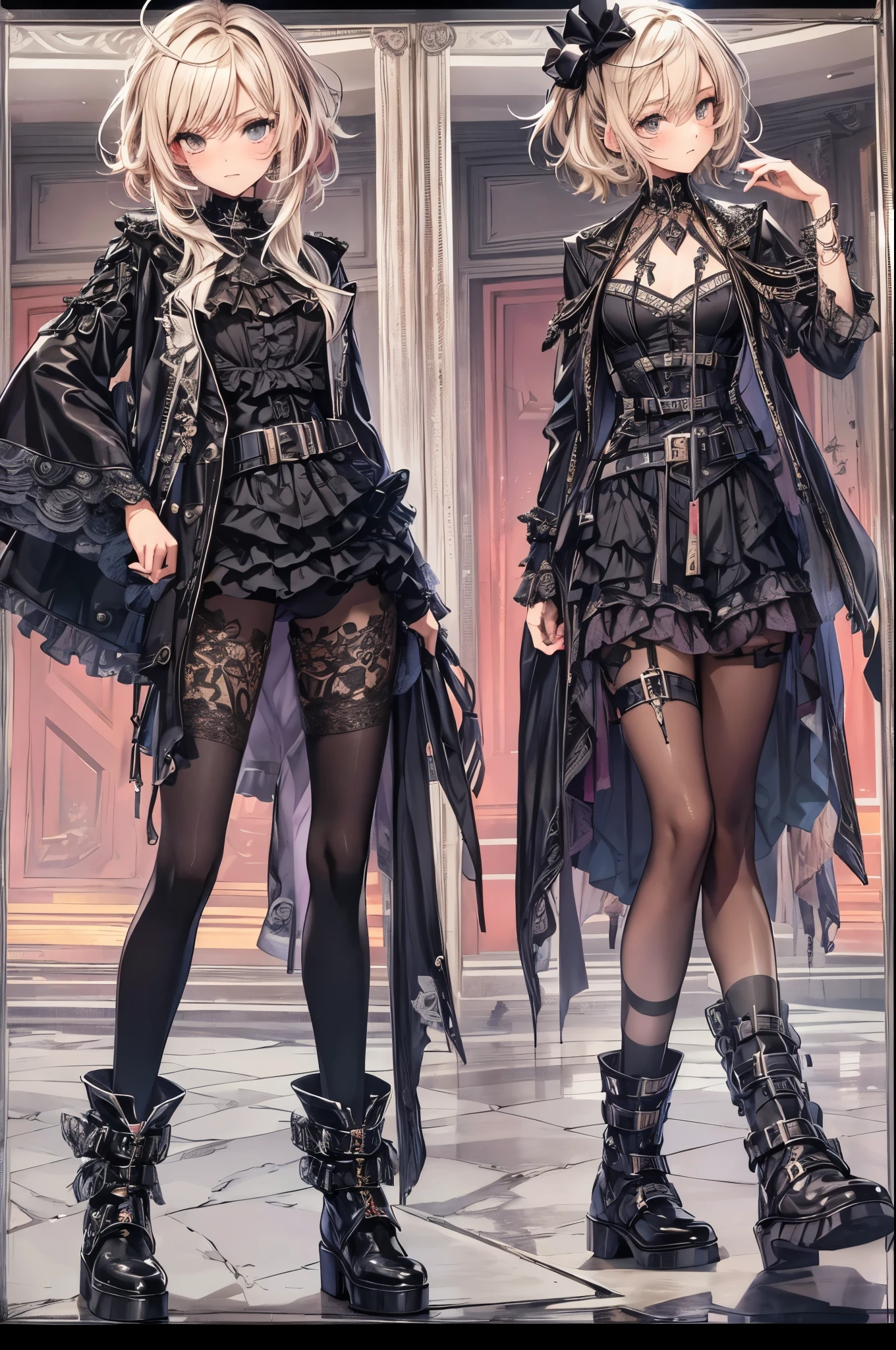 best quality,ultra-detailed,((background:outside street1,8)),(beautiful details outside the street),(cowboy shot),((one boy1,8)),((fem boy1,8)),((trap)),((bulge1,8)),black-choker,((blonde short hair)),((man’s face1,8)),((dress up as a woman)),((blush)),((flustred)),((poor chest)),((flat chest)),(goth-punk-style),(beautiful details black-dresany frills with dress),(black long boots with many belts),vibrant colors,soft lighting,