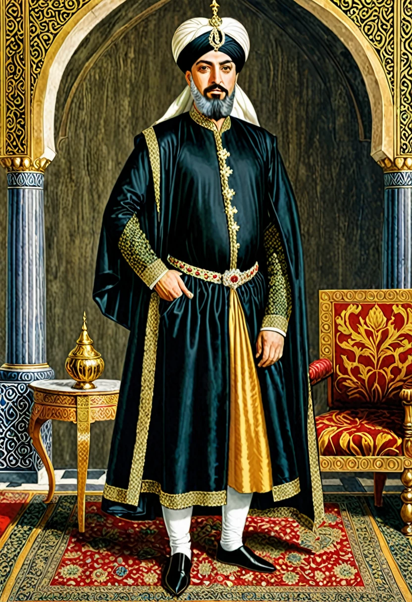 Middle Ages, sultan suleiman, standing, de turbante, roupa preta e dourada
