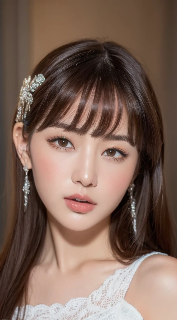 masterpiece, highest quality, alone, 1 girl, glowing skin, hoop earrings, glamorous, quirky details, slicked hair, attractive, bare shoulders, crop top, long pants, shallow depth of field, contrasting, professional model, facing the front, portrait ,(beautiful big breasts:1.2) ,20 year old girl、cute、sexy shot looking at camera、(highest quality: 1.3), (masterpiece: 1.3), (Super detailed: 1.3), (wallpaper, one girl: 1.1)、(delicate hands and fingers:1.2)、(Are you okay, Super oily and shiny skin:1.1,table top、highest quality、shape、 Super detailedな、High resolution、8Kのwallpaper、完璧なダイナミックな構shape,、Beautiful and detailed Idium hair、(beautiful big breasts:1.3)、