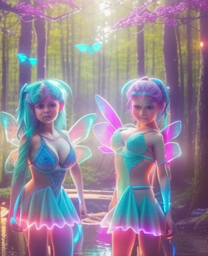 ((2 faeries girls, gorgeous, large firm push up breasts, faeries bra and dresses, downblues, 20 years old)), in bioluminescent forest plants,fabulous night forest,magical radiance,Concept art,depth of field,Raw photo,realistic,cinematic lighting,soft shadows,sharp focus,fractal,colorful,depth of field,best quality,16k resolution,vivid colors,volumetric lighting, little lake with luminescent effects, little faeries girl, (((the most beautiful cute girl faces in the world)))