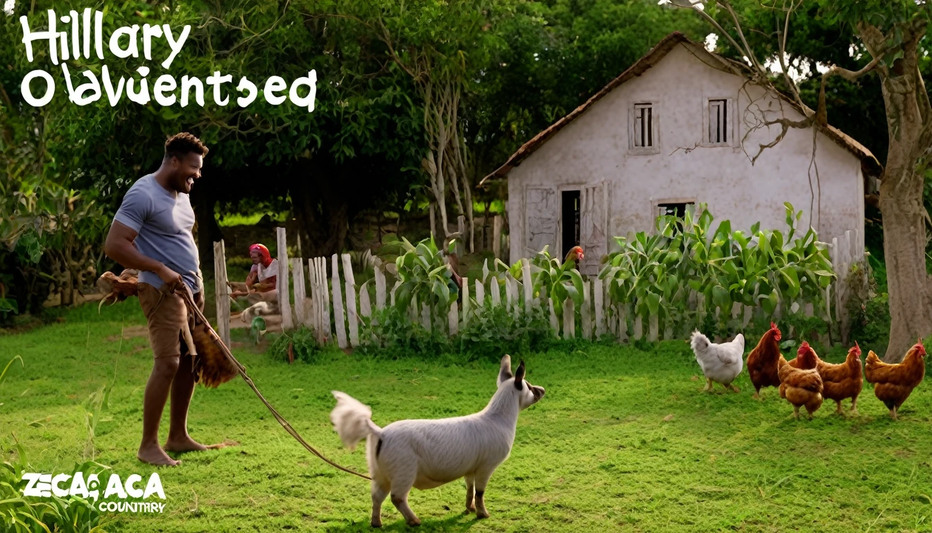 create an image for a video cover, like an advertisement for a film in the cinema, rural house, black man in front, backyard with dog, chickens, pigs, donkey, the title must be inserted: Hilary Adventures of Zeca do Boi, Guaranteed Laughter in the Country