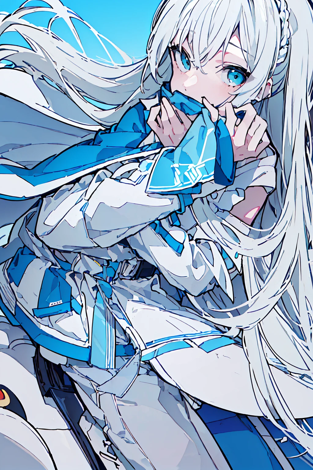 masterpiece,Highest quality,Super detailed, (((Pastel sky blue and white mullet)))) , ((((A woman covering her mouth with both hands))), upright, From the waist up, Cute and adorable high school student, hoodie,Off the shoulder:1.2, Mostima, Arknights, smile, Penguin Logistics, Light art, Soft Art, A fleeting and fantastical feeling