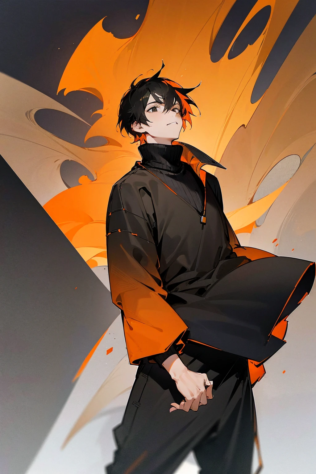 1male, short hair, black hair, orange hair, two tone hair, oumbre hair, black eyes, orange and black gradient baggy sweater, black pants, city background, detailed background, standing on path, hands to side, expressionless