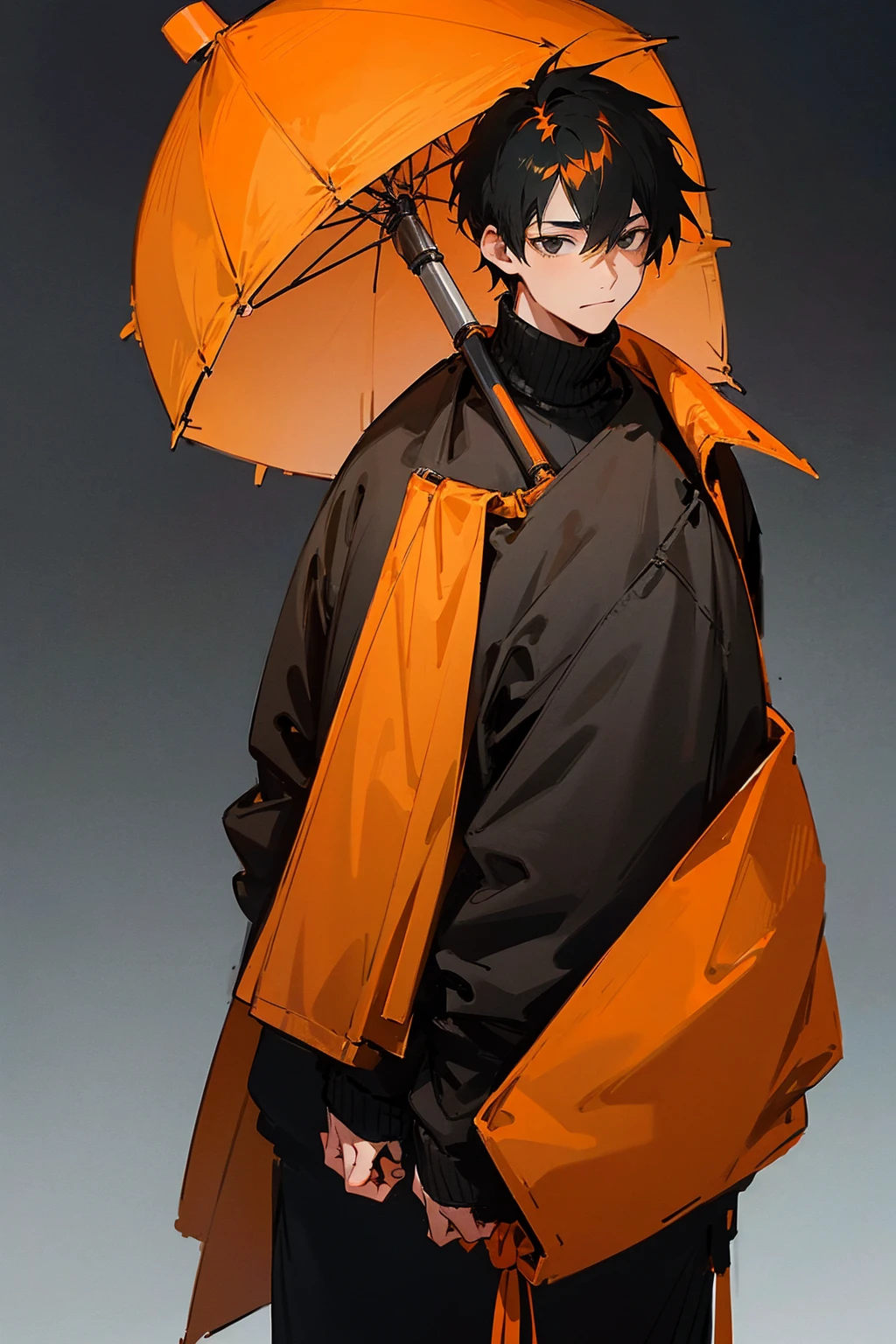 1male, short hair, black hair, orange hair, two tone hair, oumbre hair, black eyes, orange and black gradient baggy sweater, black pants, city background, detailed background, standing on path, hands to side, expressionless