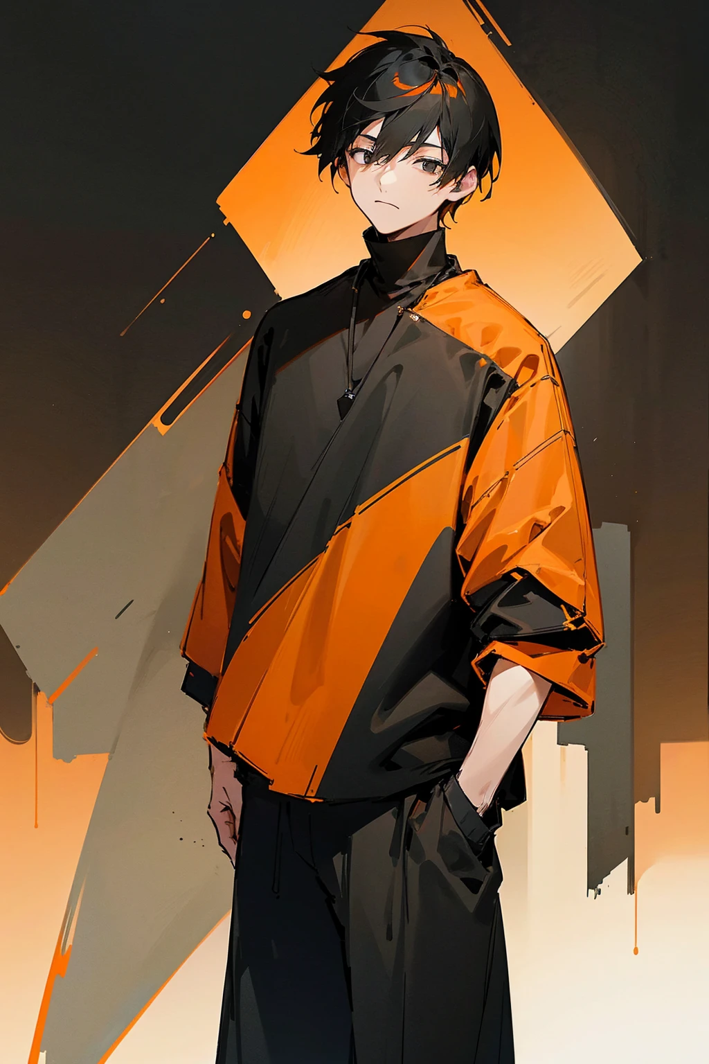 1male, short hair, black hair, orange hair, two tone hair, oumbre hair, black eyes, orange and black gradient baggy sweater, black pants, city background, detailed background, standing on path, hands to side, expressionless