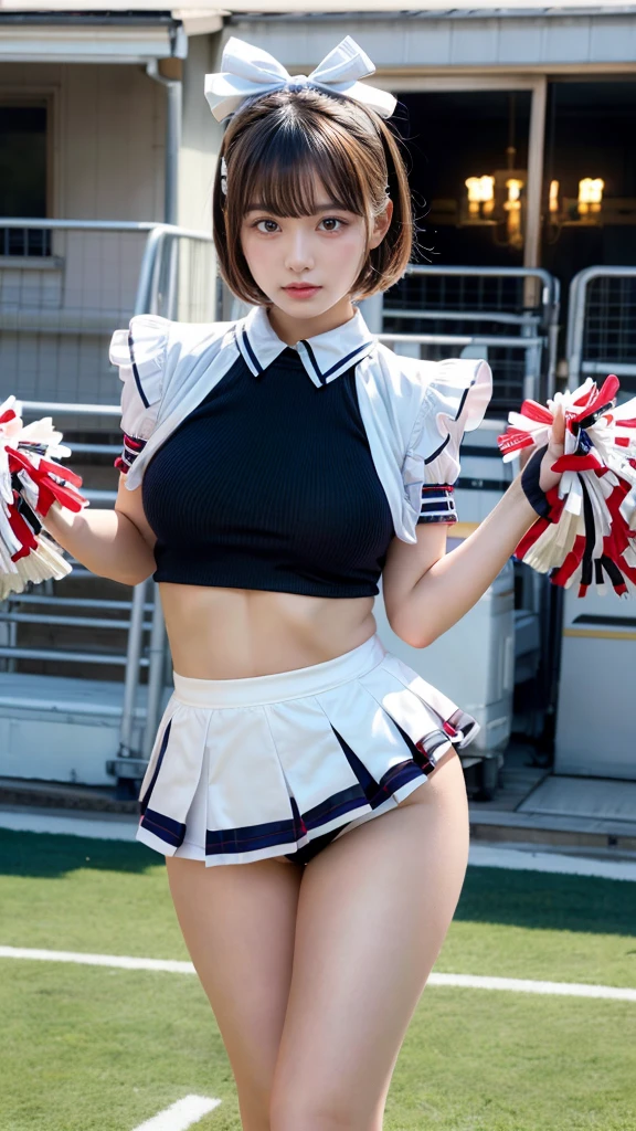 masterpiece, best quality, illustration, Super detailed, fine details, High resolution, 8K,wall paper, perfect dynamic composition,(Details High quality, realistic depiction of eyes:1.3), hotel room, (cheer girl:1.5),(a miniskirt), to stand、large breasts,short bob hair, black hair color, Big Natural Color Lip, bold sexy pose, crying a little、Harajuku style、20 year old girl、cute type、ta、beautiful legs, hposing Gravure Idol