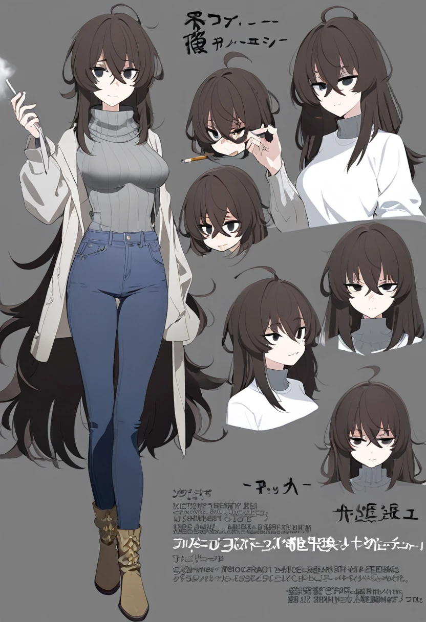 One Woman,Downer,older sister,Concept Art,Dark brown hair,Straight hair with slight inward curls,Staring eyes,Eye Ridge,black eye,Crossed bangs,whole body,smile,Slightly larger breasts,Gray background,Bangs that reach down to the eyes,Messy hair,Tight dark jeans,Gray turtleneck sweater,Multiple views of the same character,Character Design,Dark circles under the eyes,Bad look,Listless,Sloppy,Silver Jewelry,Cafe staff,Holding a cigarette,whole bodyCharacter Design,Detailed hands,Height: 170cm,boots,