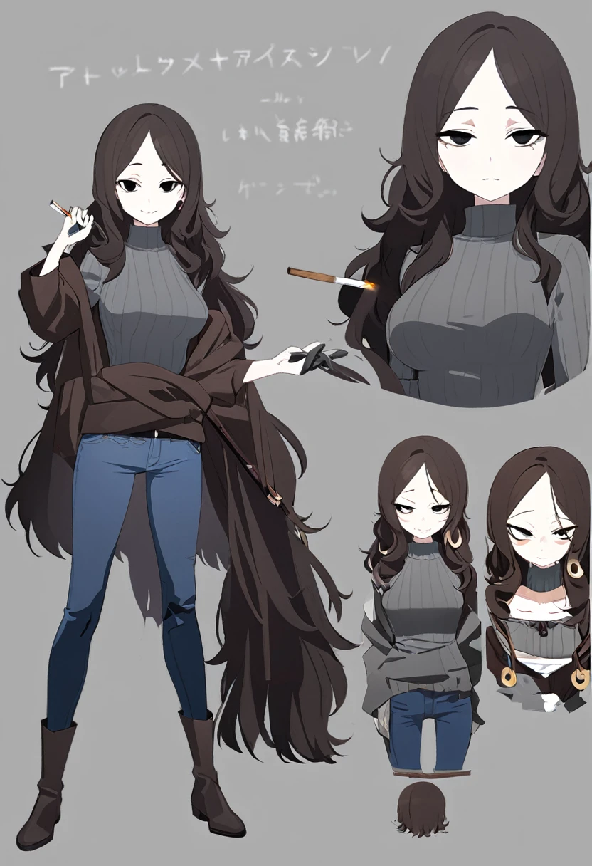 One Woman,Downer,older sister,Concept Art,Dark brown hair,Straight hair with slight inward curls,Staring eyes,Eye Ridge,black eye,Crossed bangs,whole body,smile,Slightly larger breasts,Gray background,Bangs that reach down to the eyes,Messy hair,Tight dark jeans,Gray turtleneck sweater,Multiple views of the same character,Character Design,Dark circles under the eyes,Bad look,Listless,Sloppy,Silver Jewelry,Cafe staff,Holding a cigarette,whole bodyCharacter Design,Detailed hands,Height: 170cm,boots,