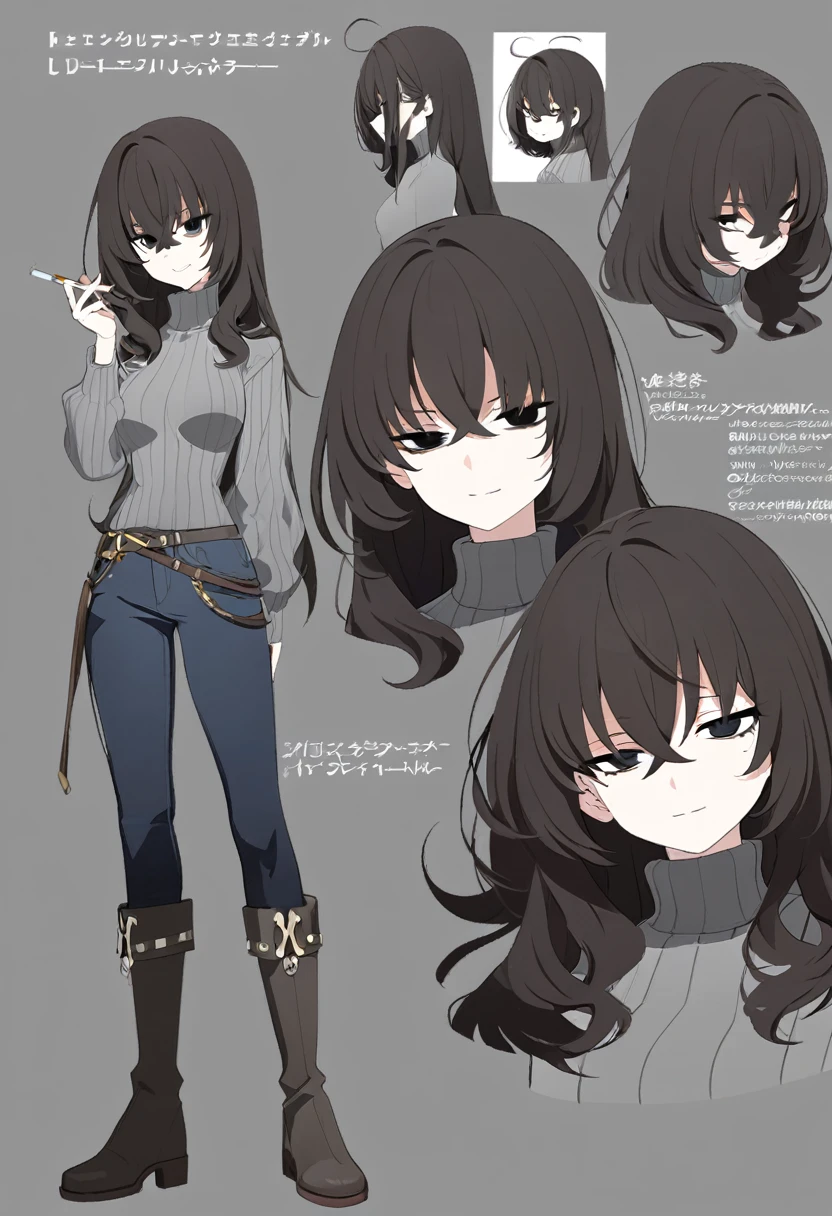 One Woman,Downer,older sister,Concept Art,Dark brown hair,Straight hair with slight inward curls,Staring eyes,Eye Ridge,black eye,Crossed bangs,whole body,smile,Slightly larger breasts,Gray background,Bangs that reach down to the eyes,Messy hair,Tight dark jeans,Gray turtleneck sweater,Multiple views of the same character,Character Design,Dark circles under the eyes,Bad look,Listless,Sloppy,Silver Jewelry,Cafe staff,Holding a cigarette,whole bodyCharacter Design,Detailed hands,Height: 170cm,boots,