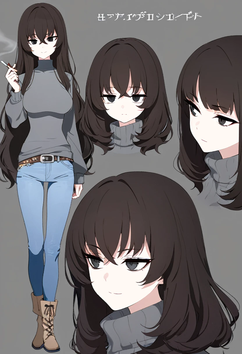 One Woman,Downer,older sister,Concept Art,Dark brown hair,Straight hair with slight inward curls,Staring eyes,Eye Ridge,black eye,Crossed bangs,whole body,smile,Slightly larger breasts,Gray background,Bangs that reach down to the eyes,Messy hair,Tight dark jeans,Gray turtleneck sweater,Multiple views of the same character,Character Design,Dark circles under the eyes,Bad look,Listless,Sloppy,Silver Jewelry,Cafe staff,Holding a cigarette,whole bodyCharacter Design,Detailed hands,Height: 170cm,boots,