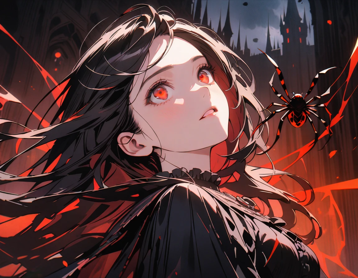 best quality, super fine, 8k, incredibly absurdres, extremely detailed, vivid color, black hair, glowing red eyes, in the darkness, looking up, intense, web, spider, arachne, detailed background, fantasy setting, dark castle background, long hair, flowy, wind, gloomy, dress, frills, dark magic,
